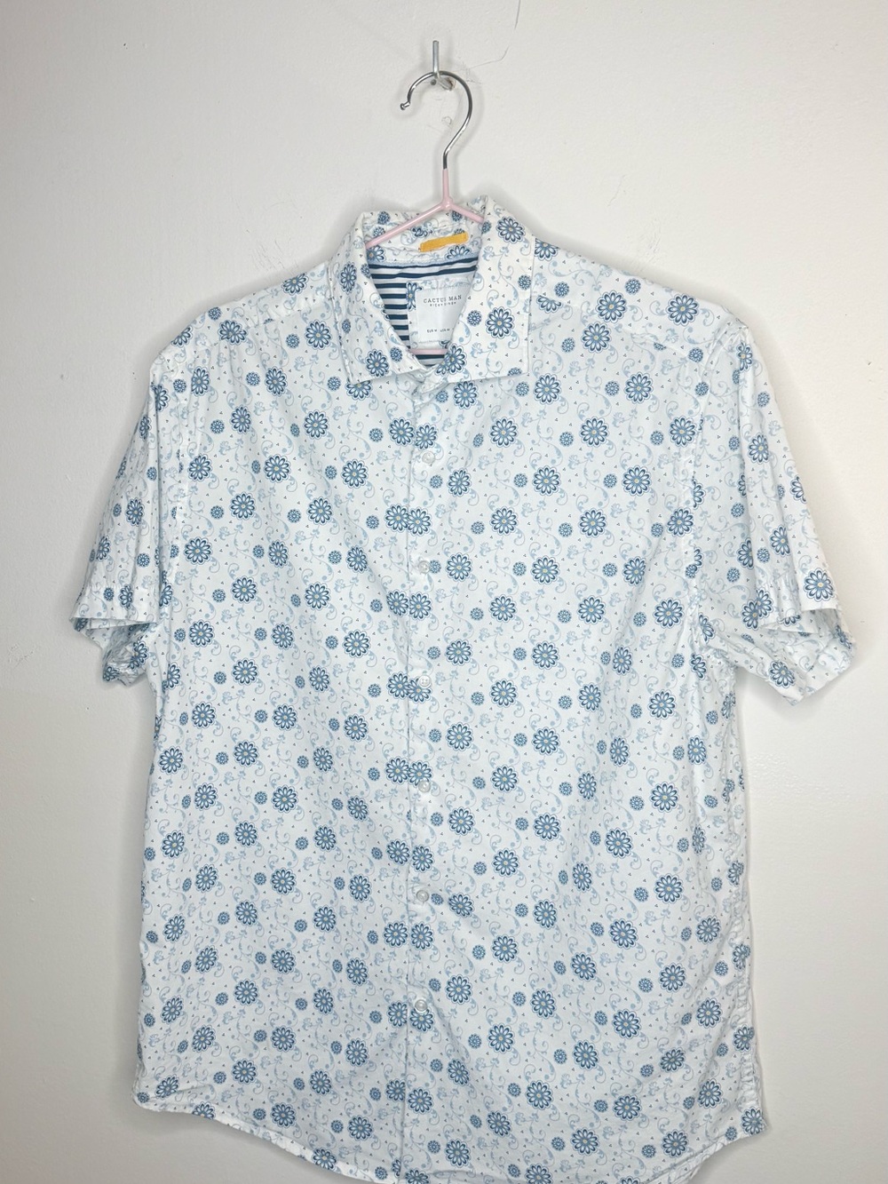Cactus White Short-Sleeve Button-Down with Light Blue Floral Pattern